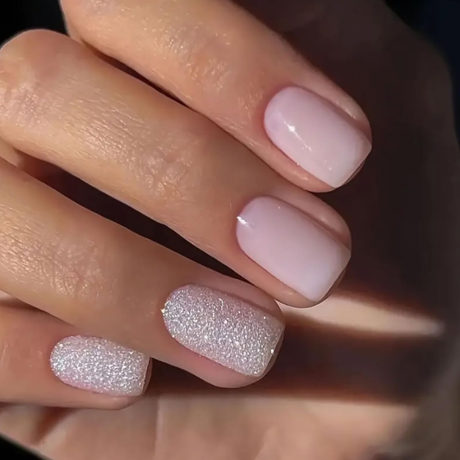 24pcs French Short Square Fake Nails Pink Press-On Nails Glossy Glitter Acrylic 