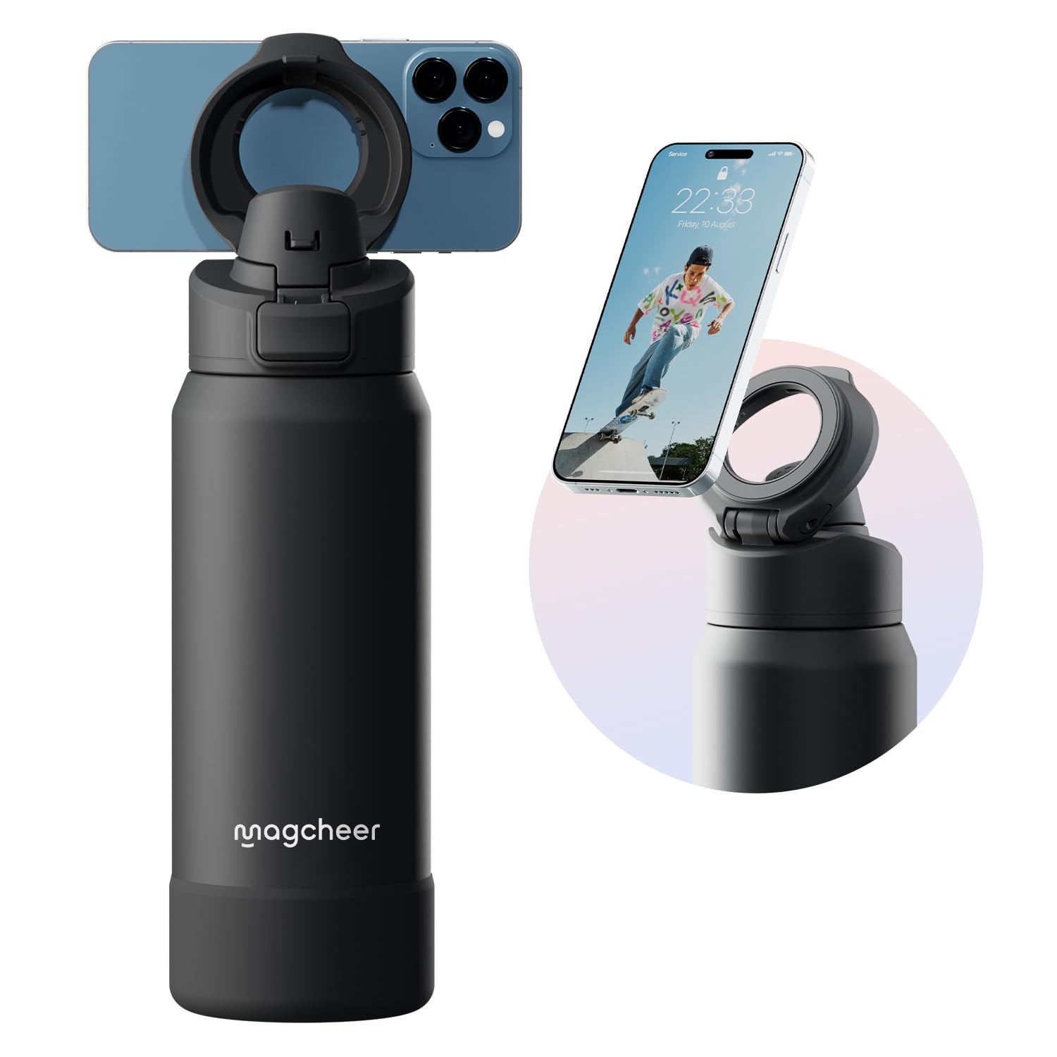Magcheer 1L Insulated Bottle with Magnetic Phone Holder（Black）