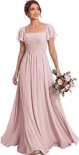 MisShow Women's Flutter Sleeves Bridesmaid Dresses Square Neck Chiffon Maxi Dress A Line Formal Evening Gown
