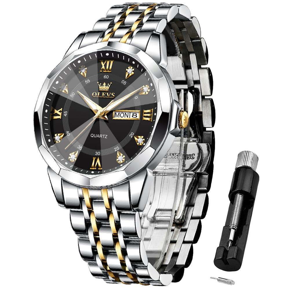OLEVS Mens Quartz Analog Watch Stainless Steel Waterproof Luminous Date Two Tone
