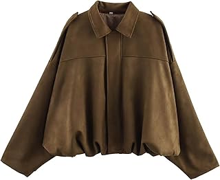 WOWULOVELY Women's Faux Suede Bomber Jacket Lapel Pilot Motorcycle Coat Spring Long Sleeves Trendy Streetwear Outerwear