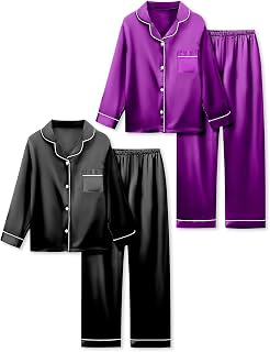 Vopawetty Satin Pyjamas for Girls, 4-Piece Long Sleeve Silky Button Down PJ Set