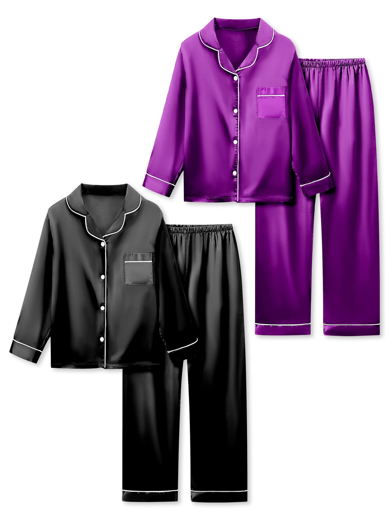 Vopawetty Satin Pyjamas for Girls, 4-Piece Long Sleeve Silky Button Down PJ Set