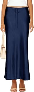 Womens Satin Silk Maxi Skirts Drawstring Flared Casual A-Line Leopard Print Long Skirt for Women