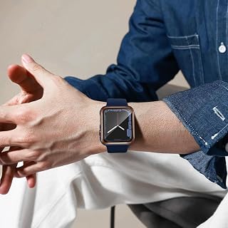 Case Compatible with Apple Watch, with Built-in Tempered Glass Screen Protector, PC Cover for iWatch Series 9/8/7/SE 2rd SE 6 5 4/3 2 for Choice DJSC(40mm, Blue + Rose Gold Edge)