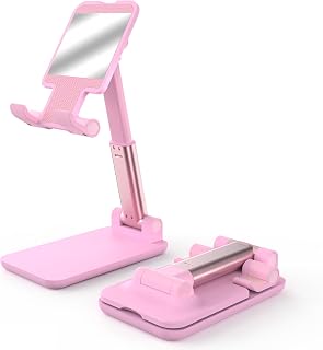 HZZADZXW Cell Phone Stand, Adjustable Angle and Height Cell Phone Holder for Desk, Foldable and Portable, Anti-Slip Silicone Pad, Compatible with All Mobile Phones and 4-8 Inch Devices, Pink