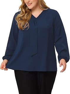 Plus Size Women Tops V Neck Long Sleeve Ruffle Tie Front Office Work Chiffon Blouse Tops