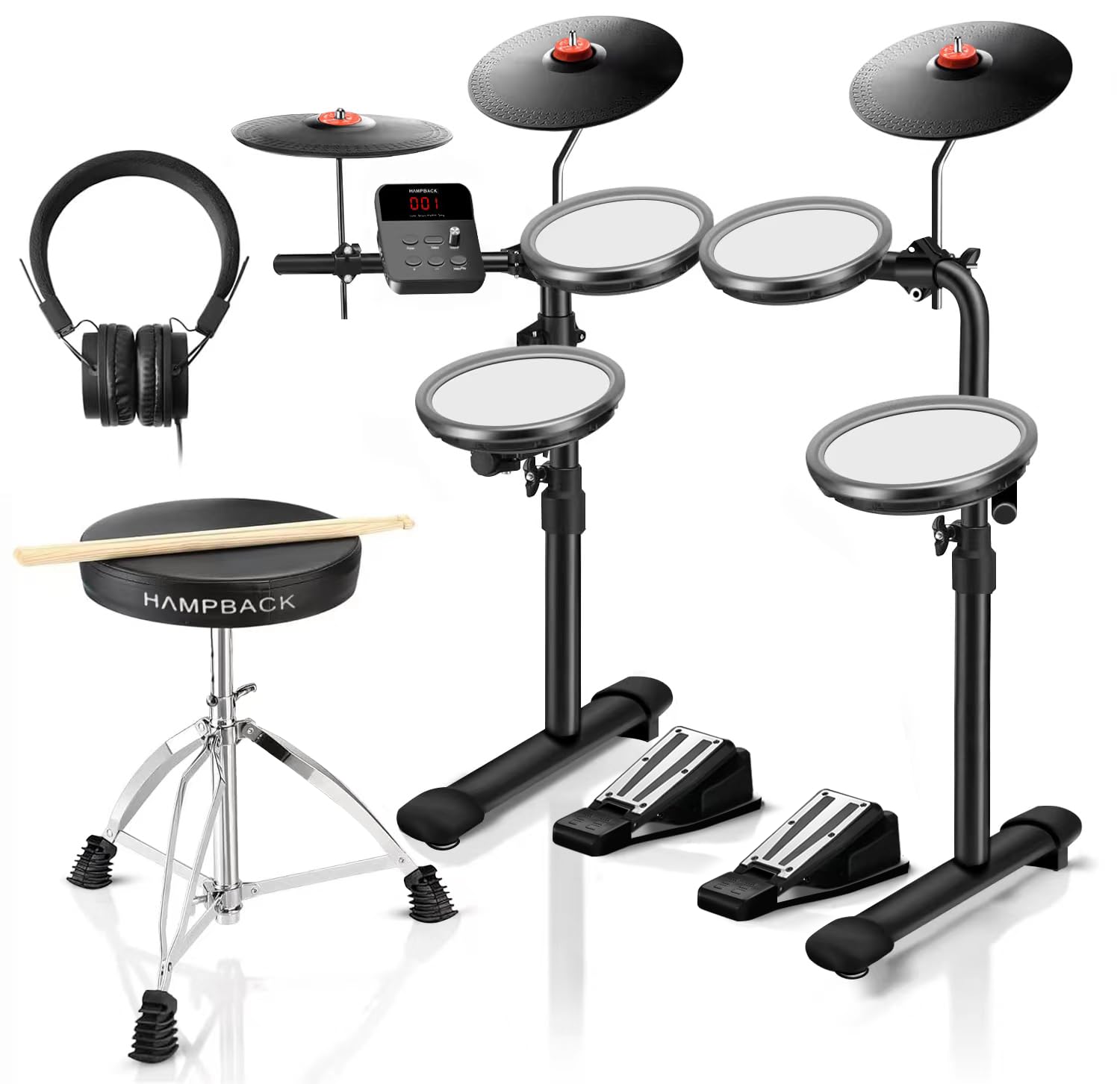 HAMPBACK MK-0 Electric Drum Set with 7'' Quiet Mesh Drum Pads, 8'' Full Rubber C