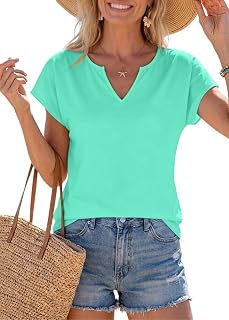 Womens V Neck T Shirts Spring Summer Cap Sleeve Loose Fit Basic Tees for Work Business Casual Office Vacation Clothes