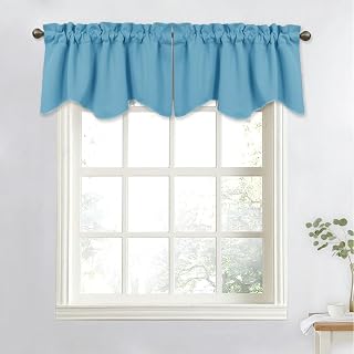 Short Blackout Valance - 52" x 18" Scalloped Kitchen/Bathroom/Living Room/Hotel, Valance Tier Window Curtain (Teal Blue = Light Blue, Single Piece)