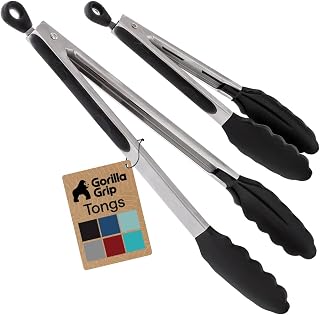 GORILLA GRIP Stainless Steel Kitchen Tongs for Cooking, 2 PK, Black | Heat Resistant Barbecue Tong Set, Non Scratch Silicone Tip for Pans, Strong Grip, Grab Food, Toss Salad, Air Fryer, Pull Lock
