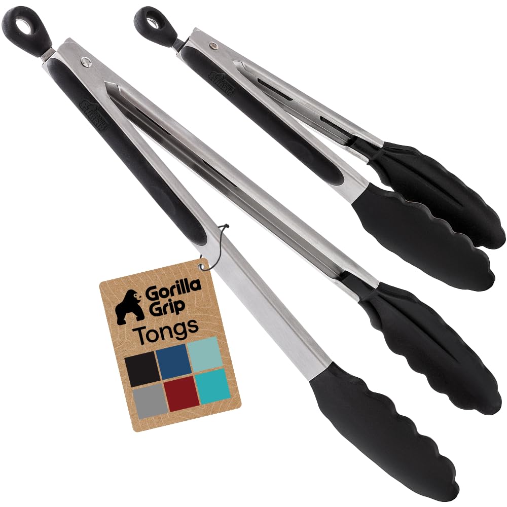 GORILLA GRIP Stainless Steel Kitchen Tongs for Cooking, 2 PK, Black | Heat Resis