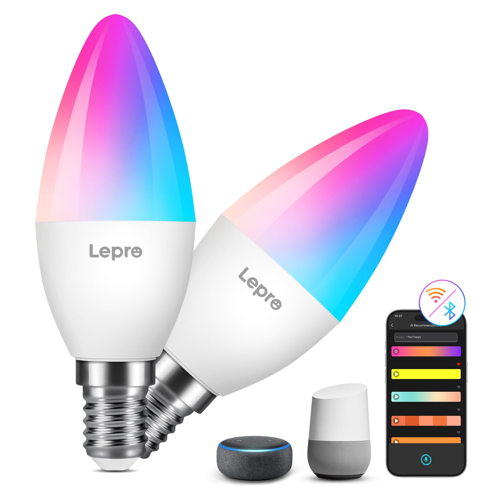 Lepro AI Smart Bulb E14, Colour Changing, Dimmable, Works with Alexa/Google | Mu