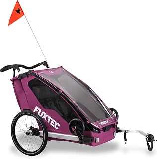 FUXTEC FX-FA1 Sportfux Bike Trailer for 2 Kids | 2 Seater Child Bicycle Trailer & Buggy | Foldable Design | Push Handle | Rain & Sun Cover | Rear Storage Bag | Purple FX-FA1