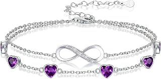 Prismata Infinity Birthstone Charm Link Bracelet/Anklet 925 Sterling Silver Adjustable 12 Months Birthstone Infinity Bracelet/Anklet Birthday Jewelry Gifts for Women Her