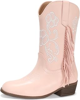 Coutgo Girls Cowboy Boots Tassel Fringe Embroidered Mid Calf Western Boots