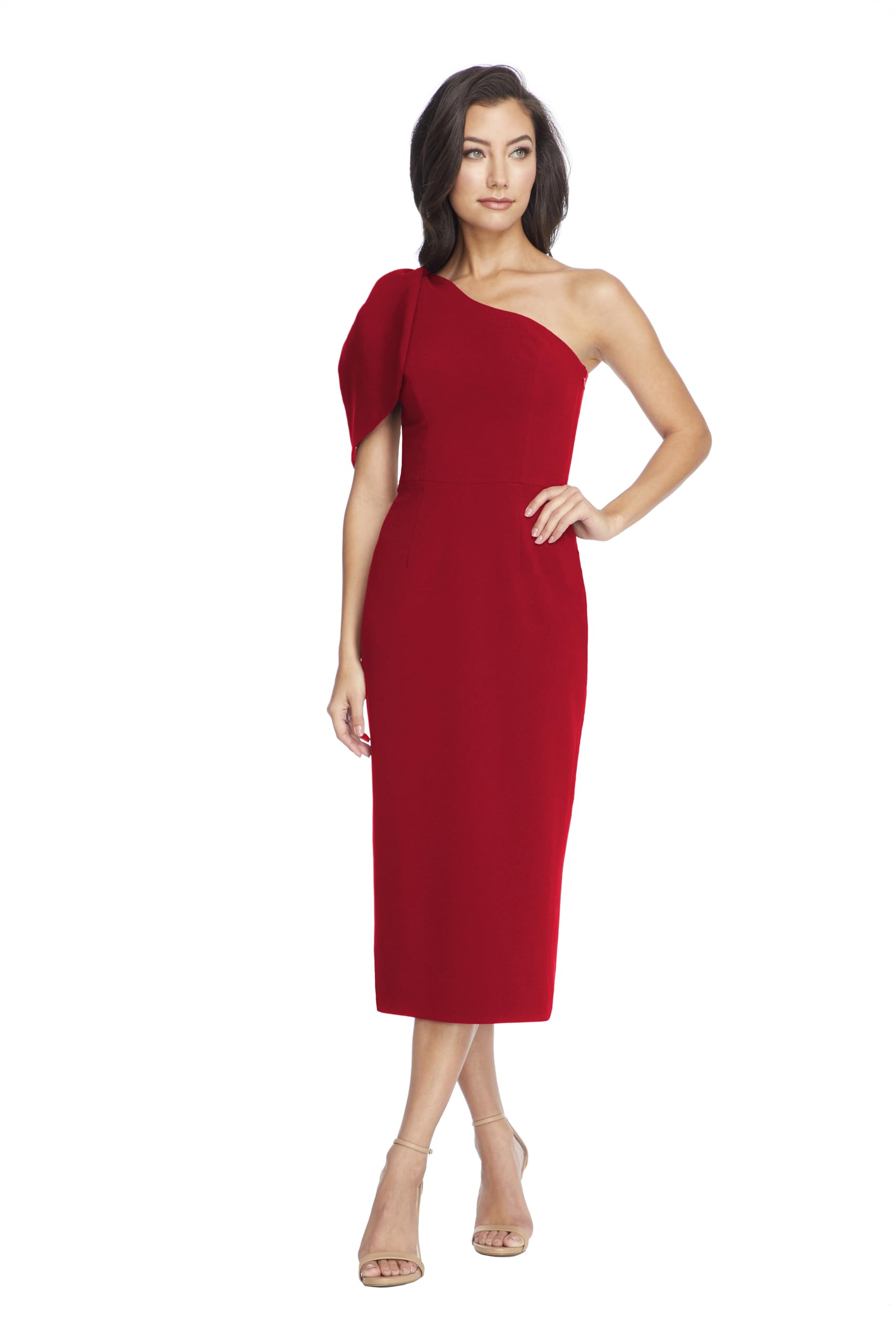 Dress the Population Womens Tiffany One Shoulder Bow Detail Midi Sheath DressDre