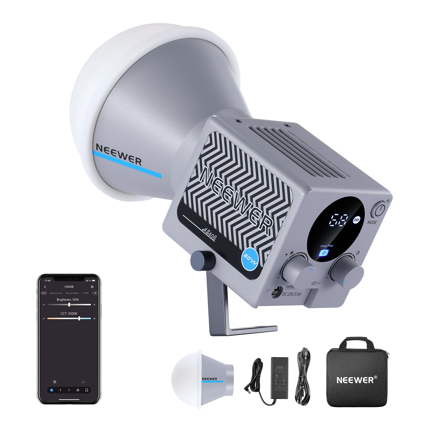 NEEWER HS60B Mini Video Light with App Control, 60W Portable Bicolor Lighting CO