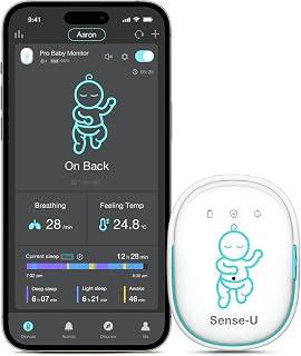 Sense-U Pro Baby Breathing Movement & Sleep Position Monitor with Gentle Vibration Alerts, Temperature Notifications, Audible & App Alerts, Sleep Analysis, Long Battery Life, Easy Clip-On Design