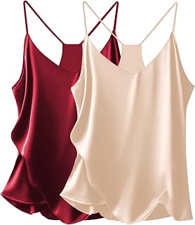 Ekouaer 3 Pack:Women Silk Satin Tank Tops V Neck Spaghetti Strap Camisole Loose Sleeveless Blouse