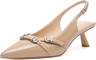 Mostrin Kitten Heels for Women Pointed Toe Pumps Patent Leather Low Heel Slingback Heels with Buckle Dress Shoes for Dating Party Working