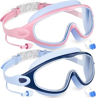 COOLOO Kids Swimming Goggles for Age 3-15, 2 Pack Anti Fog Kids Goggles | UV Protection, 180° Wide View, Waterproof, No Hair Snags, One-Piece Earplugs, Safe & Skin Friendly, for Junior Boys Girls