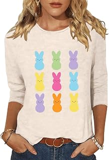 Easter Day 3/4 Sleeve Shirts for Women Cute Easter Graphic Tee Colorful Spring Casual Blouses Tops
