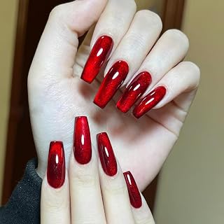 24pcs Cat Eye Press Nails Medium Square Fake Nails Mirror Reusable Full Cover Stick On Nail Women DIY Charm Manicure Wine