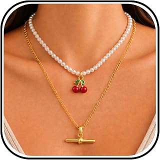 Cherry Necklace Pearl Necklaces for Women Gold T Pendant Layered Necklace Fruit Charm Jewelry Gift for Women