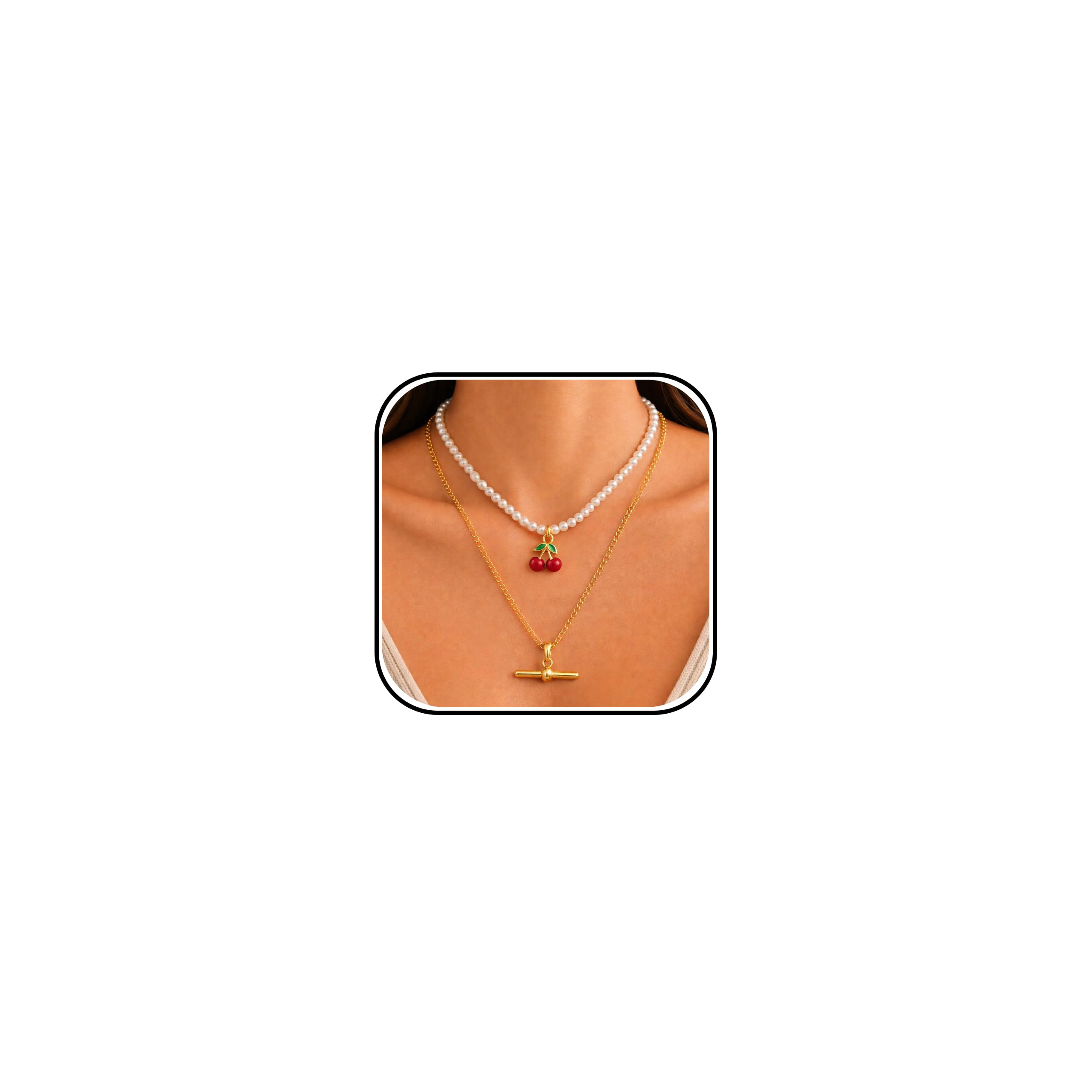 Cherry Necklace Pearl Necklaces for Women Gold T Pendant Layered Necklace Fruit 