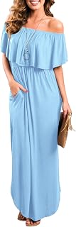 Sarin Mathews Womens Off The Shoulder Ruffle Party Dress Casual Side Split Beach Long Maxi Dresses with Pockets