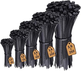 500 Pack Cable Ties Black, Heavy Duty Zip Ties Long Small tie Wraps (100mm x 2.5, 150mm x 2.5, 150mm x 3.6, 200mm x 3.6, 250mm x 3.6) Self Locking Nylon Plastic Ties for Garden Home Garage