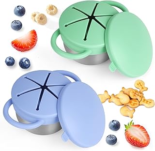 2 Pack Snack Cups for Toddlers Spill Proof - Detachable Stainless Steel Toddler Snack Cups with Silicone Lids &amp; Handles - Dishwasher Safe Snack Container for Mess-Free Snacking（Blue-purple and Green)
