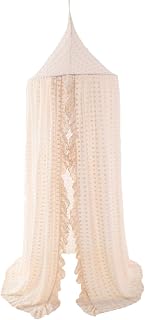 Wonder Space Elegant Kids Bed Canopy - Lace Chiffon Netting with Pom Pom, Princess Girls Fairy Dream Tent, Nursery Room Baby Crib Hanging Curtain Mosquito Net Children Reading Nook Decoration (Beige)