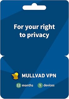Mullvad VPN- 12 Months for 5 Devices - No-Log VPN Service for Your Privacy | Windows, macOS, Linux, iOS & Android, WireGuard Protocol, No Email Needed, Based in Sweden, Independently Audited