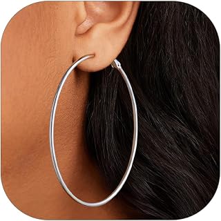 FOCALOOK 14K Gold Plated Large Hoops, 2mm Thin Hoop Earrings for Women