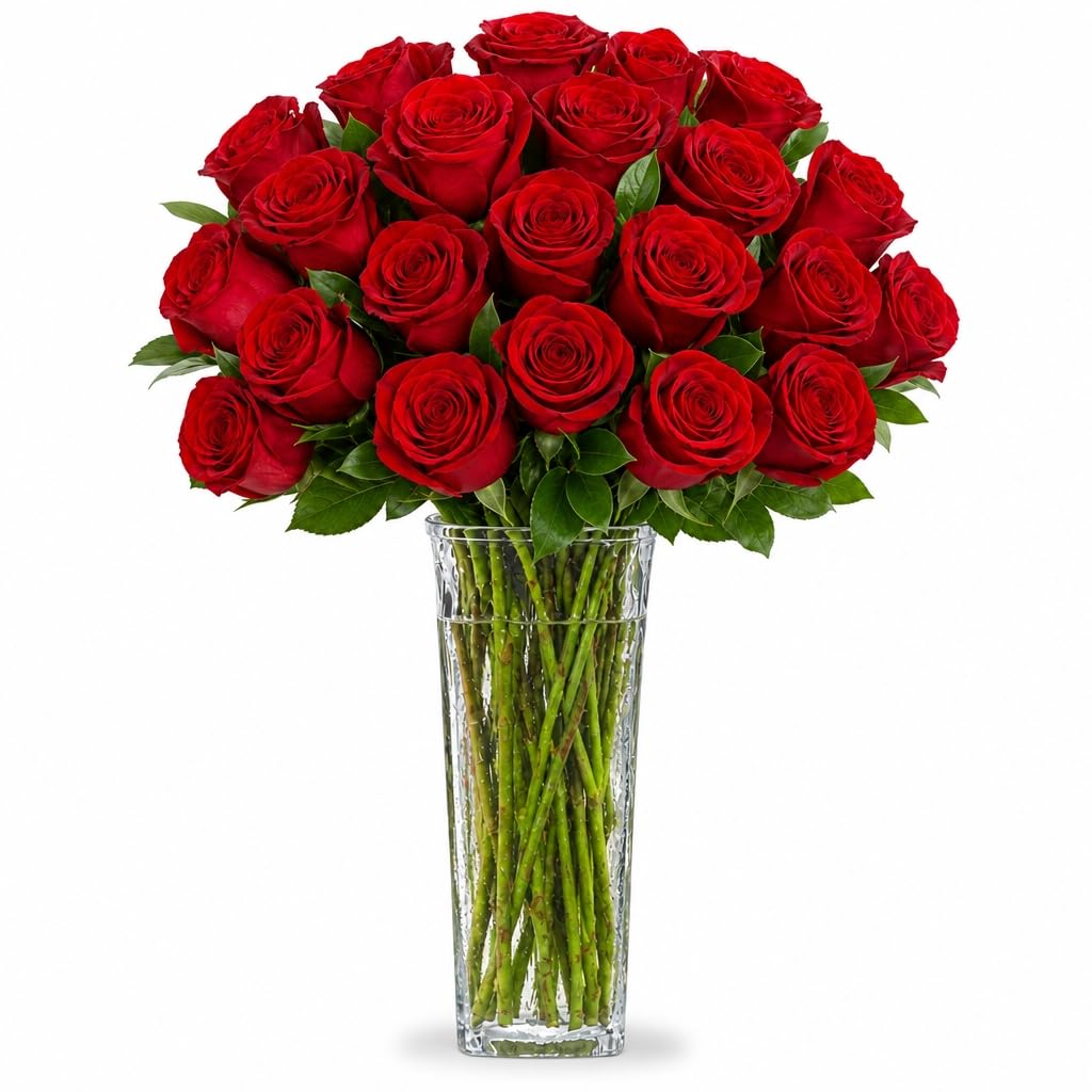 24 Roses Bouquet - (Glass Vase Included) - Fresh Cut Flowers for Delivery - Long