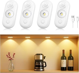 LED Motion Sensor Puck Lights, Small Rechargeable Under Cabinet Lights, Dimmable Warm White Closet Lights, Wireless Cabinet Lighting for Drawer, Kitchen, Closet (4 Pack)