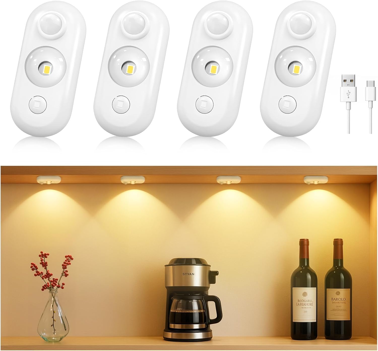 LED Motion Sensor Puck Lights, Small Rechargeable Under Cabinet Lights, Dimmable