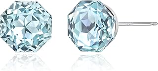 Weviway Sterling Silver Octagon Aquamarine Stud Earrings for Women | 7mm Blue Crystal March Birthstone Studs, Hypoallergenic Sensitive Ears Earrings Jewelry Gift for Her