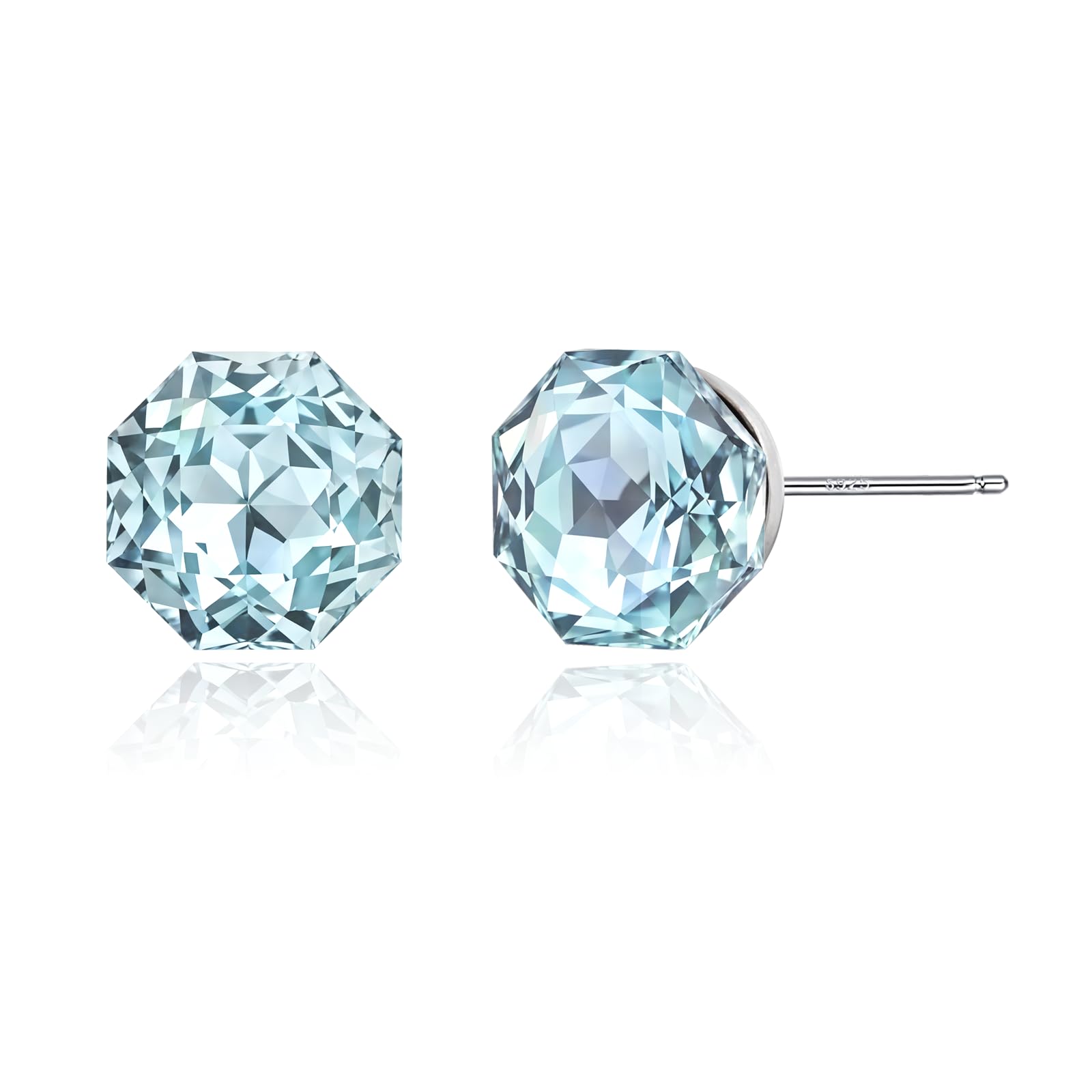 Weviway Sterling Silver Octagon Aquamarine Stud Earrings for Women | 7mm Blue Cr