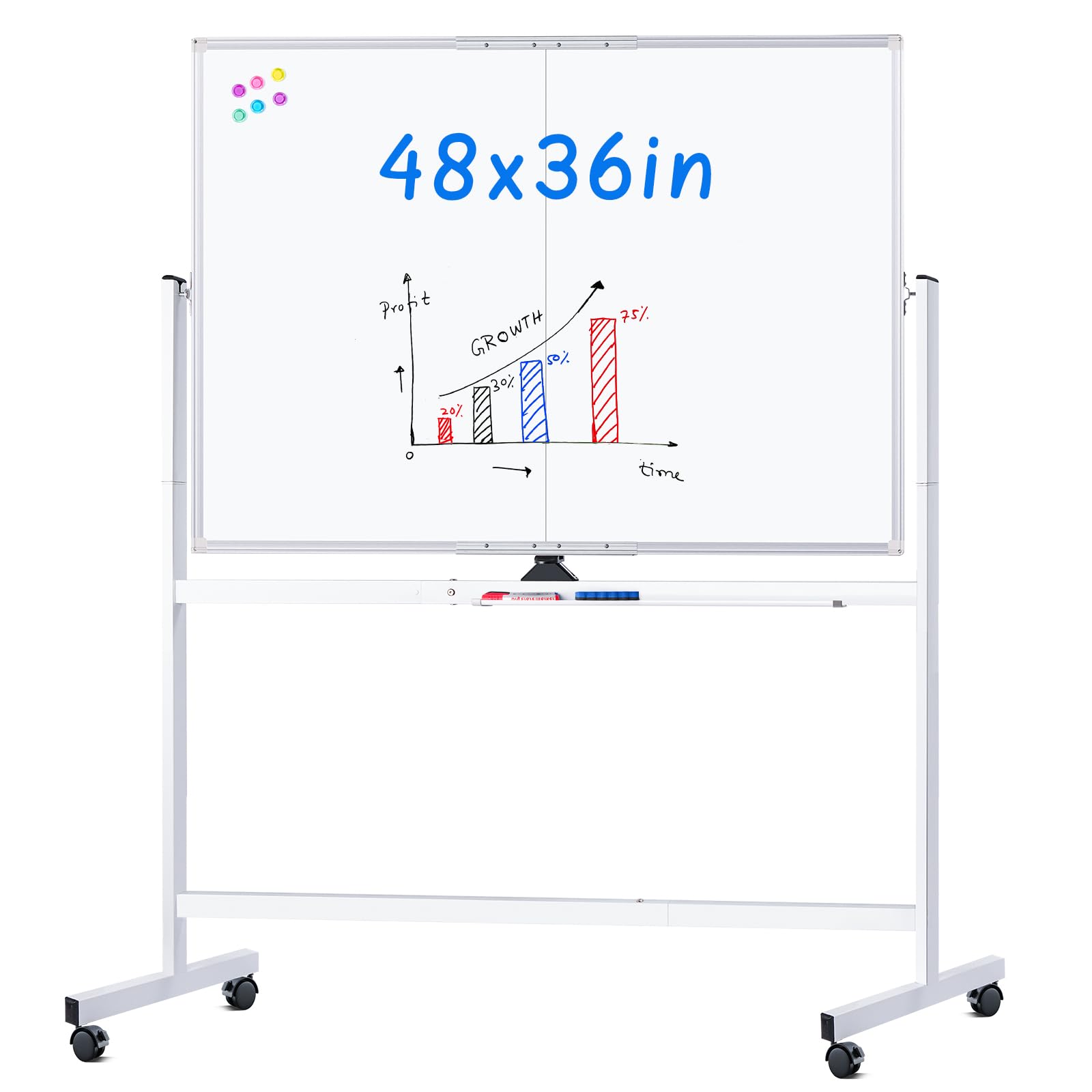 Maxtek Rolling Whiteboard 48 x 36 in Large Magnetic White Board on Wheels | Doub