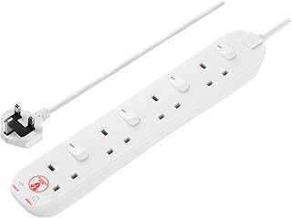 Masterplug Four Socket Extension Lead, 2 Metre Cable, Surge Protection, Individual Switches, Power and Surge LED Indicators, 4-Way Plug Extension Cable, Power Strip, White, 13A, 4G, 2m, SWSRG4210N