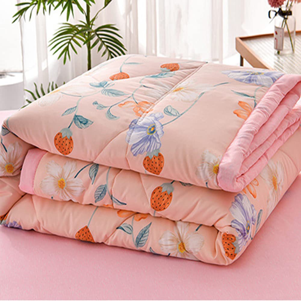Chickwin Quilt Bedspread Double Single, 3D Simple Reversible Spring Autumn Quilt Summer Quilted Bed Blanket for Bedroom (150 x 200 cm, Spring Strawberries)