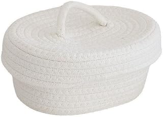 Generic Handmade Cotton Rope Storage Basket Desktop Storage Box with Lid Makeup Miscellaneous Snack Needle Home Organizer (Milky White)