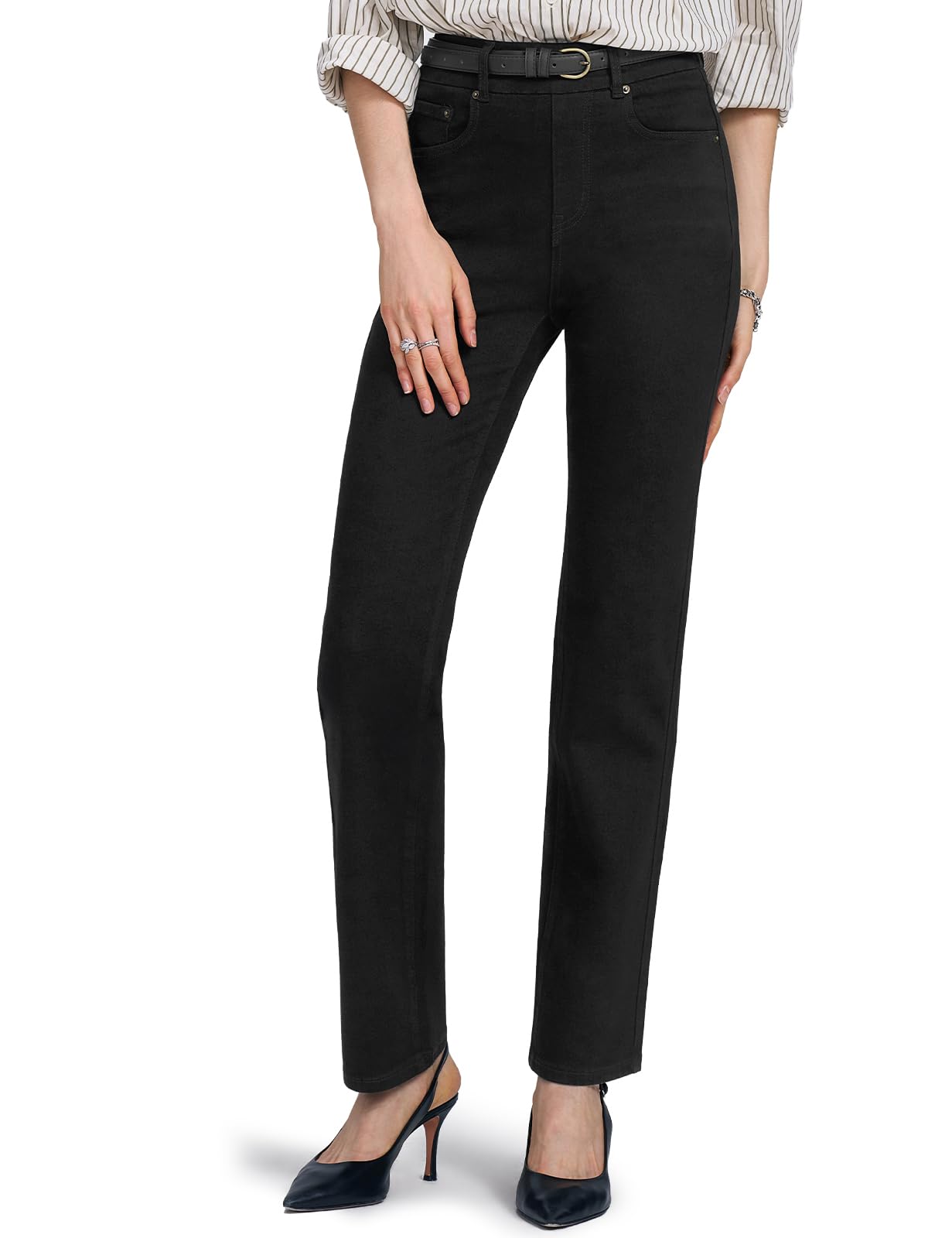 Pull-On Straight Leg Jeans for Women,High Waisted Stretchy Denim Pants