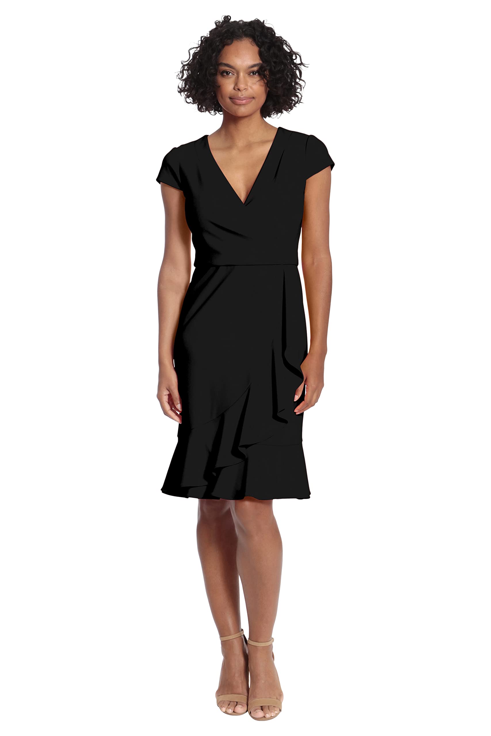 London Times Womens Feminine Ageless Surplice V-Neck Faux Wrap Ruffle Dress Offi