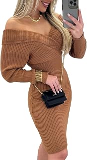 CHICME Womens Off Shoulder Sweater Dress V Neck Long Sleeve Fall Outfit