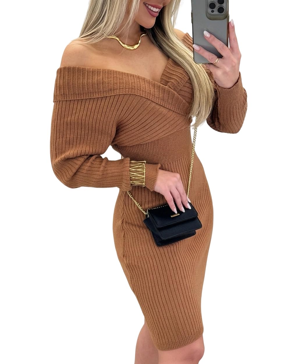 CHICME Womens Off Shoulder Sweater Dress V Neck Long Sleeve Fall Outfit