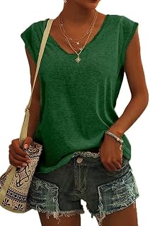 ASKSA Women V Neck Cap Sleeve T-Shirt Summer Solid Color Tank Top Casual Loose Shirts Basic Tee Tops